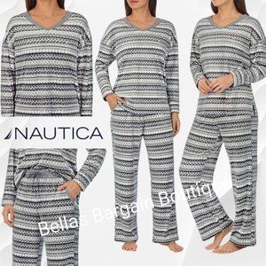 Nautica Women's 2-Piece Fleece Pajama Set V Neck Long Sleeve Pant w Pockets XL